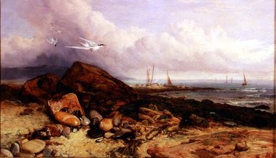 Scéna na pobřeží s rybářskou lodí a rybáky od Charles Napier Hemy