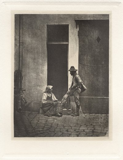 Planche IV - Pifferaro Debout et Paysanne Italienne Assise, dans la Cour du 21 Quai Bourbon (Deska IV - Stojící Pifferaro a sedící italský rolník na dvoře 21 Quai Bourbon),1854, vytištěno 1982 (foto) od Charles Nègre
