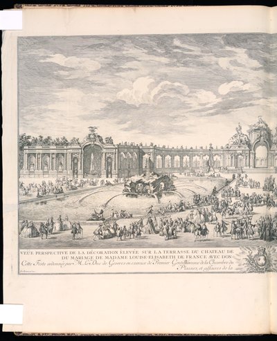 Bound Print, Veüe perspektiva výzdoby na terase Versailleského paláce za účelem osvětlení a ohňostroje, který byl nakreslen při příležitosti sňatku madame Louise-Elisabeth Francie s Donem Philippem Second Jnfant d 