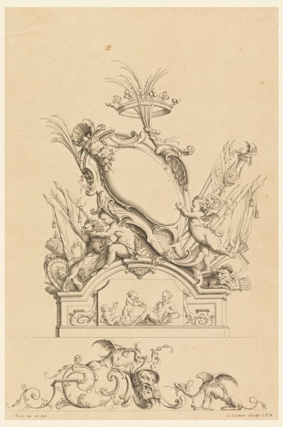 Design pro kartuši s korunou, dvěma putti podávajícími Baccha a dvěma lvy od "Cartouches Nouvellement Inventez" od Charles Nicolas Cochin the younger