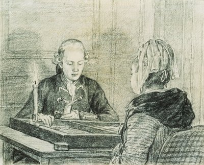 Sedící pár, dáma při pohledu zezadu, hraje Backgammon při svíčkách od Charles Nicolas II Cochin