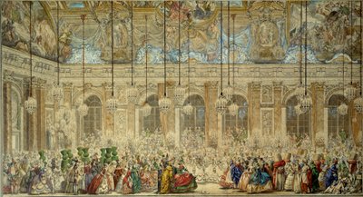 Plesová maska nebo ples Ifů na svatbu Louise Dauphina z Francie (1729-1765) s Marií Therese (Marie-Therese) ze Španělska v Galerii Glace ve Versailles v únoru 1745 Kresba perem a inkoustem Charles Nicolas Cochin le Jeune (1715-1790) od Charles Nicolas II Cochin