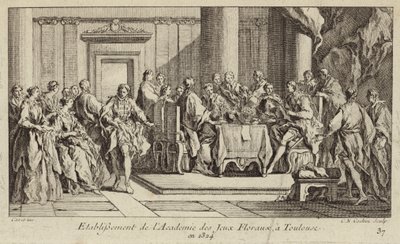 Založení Academie des Jeux Floraux, nejstarší literární společnost v západním světě, Toulouse, Francie od Charles Nicolas II Cochin
