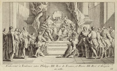 Setkání v Toulouse mezi francouzským králem Filipem III. a aragonským králem Petrem III od Charles Nicolas II Cochin