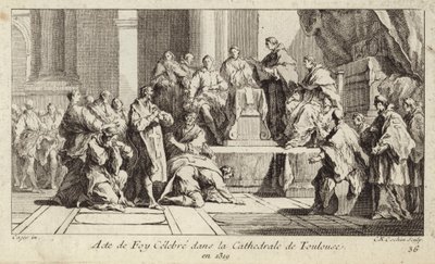 Kataři, kteří se kajícně, deklarují svou víru v katolické náboženství v katedrále v Toulouse ve Francii od Charles Nicolas II Cochin