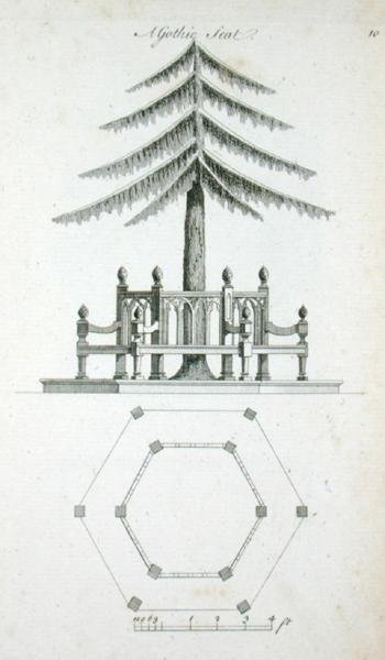 Gotické sídlo, z „Ornamentální architektury v gotickém, čínském a moderním vkusu“, vydané 1758 (rytina) od Charles Over