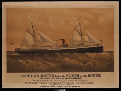 Oblíbená trasa mezi Severem a Jihem přes New York a Savannah, Ocean Steamship Company of Savannah... City of Augusta... (litografie, kolorovaná) od Charles Parsons