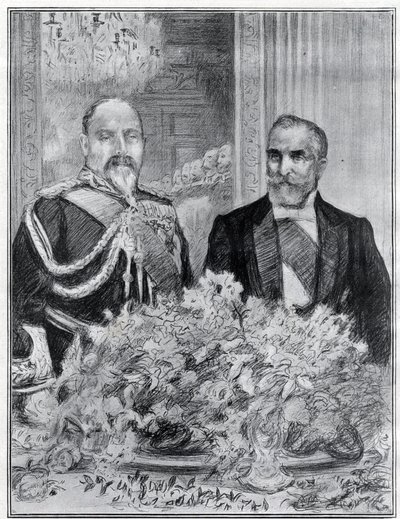 Cordial: návštěva francouzského prezidenta Emila Loubeta v Londýně - banket na francouzském velvyslanectví - King Edward VII a Loubet - nakreslil Paul Renouard pro noviny The Graphic. července 1903. od Charles Paul Renouard