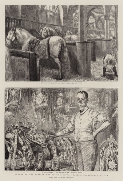 Příprava na jubilejní den v královských stájích, Buckinghamský palác od Charles Paul Renouard