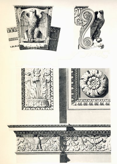 Dekorace s orly, rozetami a akantovými listy pro Arc de Triomphe du Carrousel, Charles Percier (1764-1838) a Pierre Francois Leonard Fontaine (1762-1853), rytina Louis Pierre Baltard (1764-1846), detail, Francie od Charles Percier
