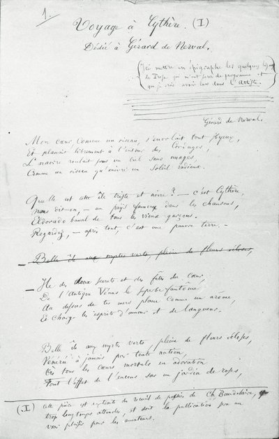 Autogramová báseň „Voyage a Cythere“ (pero a inkoust na papíře) (černobílá fotografie) od Charles Pierre Baudelaire