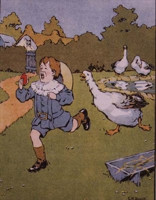 Gander pronásleduje škádlení Georgie z knihy Georgie Porgy, knihy dětských říkanek od Charles R. Dowell