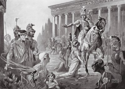 Alexandr při plenění Théb, 335 př. n. l. (litografie) od Charles Rebel Stanton