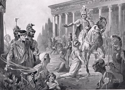 Alexandr při plenění Théb v roce 335 př. n. l., ilustrace z knihy "Hutchinson