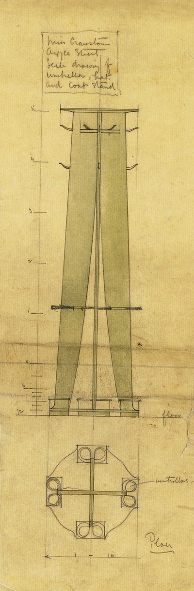 Návrh na věšák na deštníky, klobouky a kabáty, zobrazen v nárysu a půdorysu, kolem 1898-1899 (tužka, akvarel, olejovaný pauzovací papír) od Charles Rennie Mackintosh