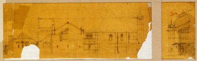 Návrh fasády kostela zobrazený v nárysu a vedlejší návrh pro vstup do kostela, zobrazený v nárysu, kolem 1895-99 od Charles Rennie Mackintosh