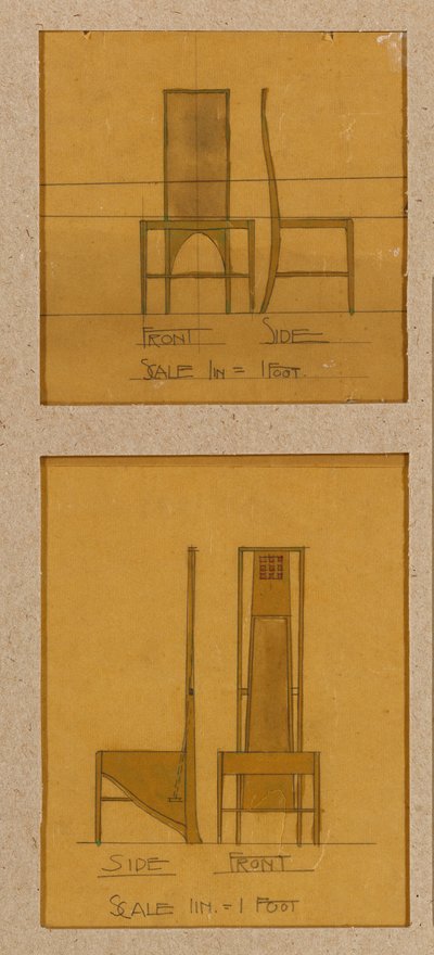Návrhy židlí zobrazených v předních a bočních pohledech pro pokoj de Luxe, čajovny Willow od Charles Rennie Mackintosh