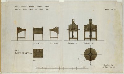 Návrhy psacích stolů zobrazené v předních a bočních pohledech pro čajovny Ingram Street, 1909 od Charles Rennie Mackintosh