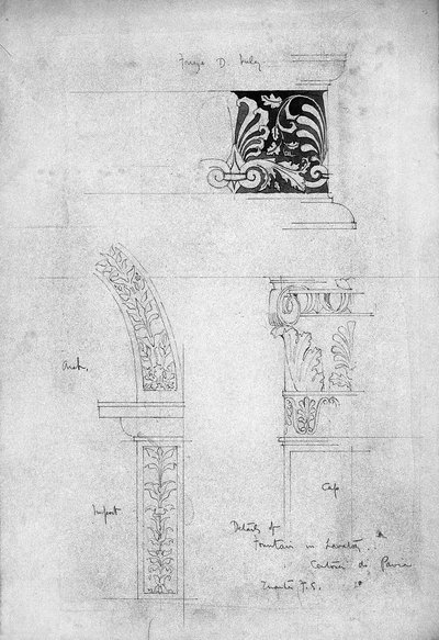 Podrobnosti o Fountain in Lavatory, Certosa di Pavia, 1891 (tužka a šedá barva na papíře) od Charles Rennie Mackintosh