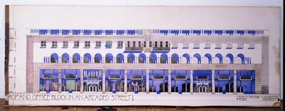 Dříve nezaznamenané architektonické nákresy pro obchod a arkádovou ulici, kolem roku 1915 od Charles Rennie Mackintosh