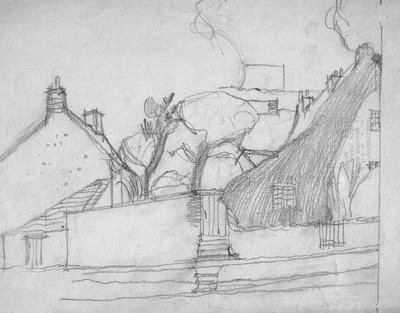 Náčrt anglické vesnice s doškovou střechou v popředí, kolem roku 1920 od Charles Rennie Mackintosh