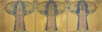 Dekorativní vlys stylizovaných lidských postav, stromových a rostlinných forem, kolem roku 1895 (tužka a akvarel na šedém uměleckém papíře) od Charles Rennie Mackintosh