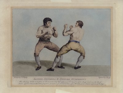 Angličtí vítězové Daniel Mendoza a Richard Humphreys při jejich boxerském zápase dne 29. září 1790 (rytina) od Charles Reuben (after) Ryley