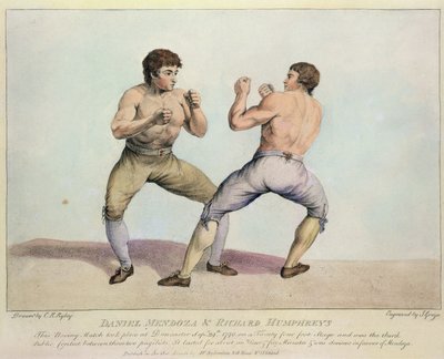 Boxerský zápas mezi Danielem Mendozou a Richardem Humphreysem, 29. září 1790 (ručně kolorovaný lept) od Charles Reuben Ryley