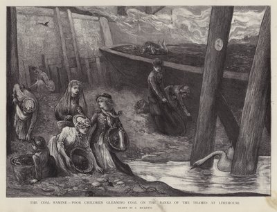 Chudáci děti sbírají kusy uhlí z břehů Temže v Limehouse, Londýn (litho) od Charles Ricketts