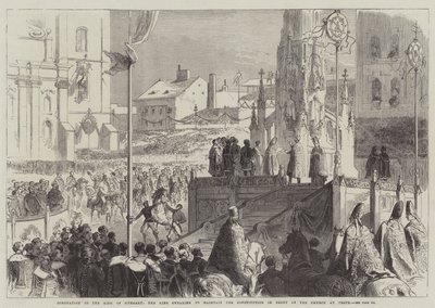 Korunovace uherského krále, král přísahající, že bude zachovávat ústavu před církví v Pesth od Sir John Charles Robinson