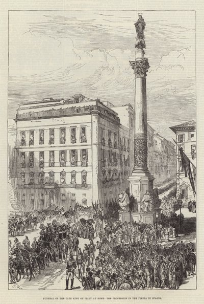 Pohřeb zesnulého krále Itálie v Římě, procesí na náměstí Piazza di Spagna od Sir John Charles Robinson
