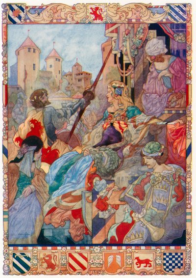Král Artuš zdraví svou královnu Guineveru (barevná litografie) od Charles Robinson