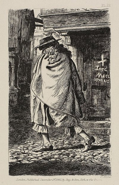 Zahalená postava procházející ulicí (v době moru v Londýně) od Charles Samuel Keene