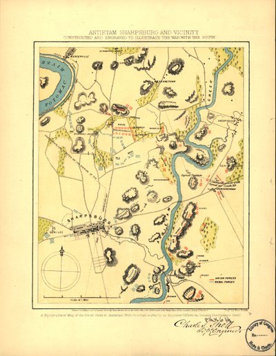 Antietam Sharpsburg a okolí. Vyrobeno a vyryto pro ilustraci "Války s Jihem" LOC 99447381 od Charles Sholl