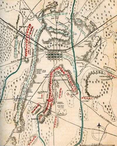 Mapa bitvy u Gettysburgu, Pennsylvania, 1.-3. července 1863 1862-1867. od Charles Sholl