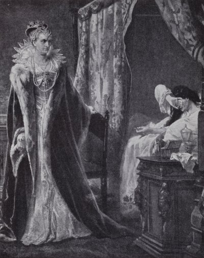 Hraběnka z Nottinghamu vrací prsten hraběte z Essexu královně Alžbětě I., ale příliš pozdě na to, aby ho zachránila před popravou (litho) od Charles Soubre