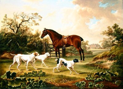 Lovec v zátoce a tři pointery v krajině s Lyston Hall za ní (olej na plátně) od Charles Towne