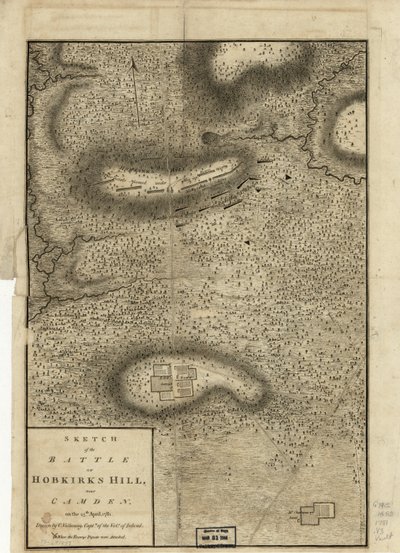 Náčrt bitvy u Hobkirks Hill, poblíž Camdenu, 25. dubna 1781, vydaný v Londýně, 1794 od Charles Vallancey