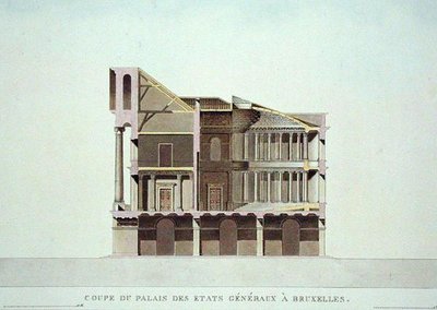 Průřez Palais des Etats Generaux, Brusel, z „Výběr z nejpozoruhodnějších památek, budov a domů Nizozemského království“ od Pierra Jacquese Goetghebuera, vydáno 1827 (akvatinta) (viz také 189230) od Charles Vander Straeten