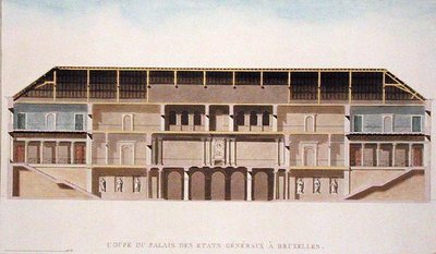Průřez Palais des Etats Generaux, Brusel, z „Výběr z nejpozoruhodnějších památek, budov a domů Nizozemského království“ od Pierra Jacquese Goetghebuera, vydáno 1827 (akvatinta) (viz také 189231) od Charles Vander Straeten