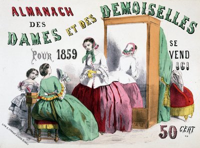 Reklamní plakát na Almanach dam a dam pro rok 1859 (mladé dívky mluvící hadry před lednicí), 50 centů od Charles Vernier