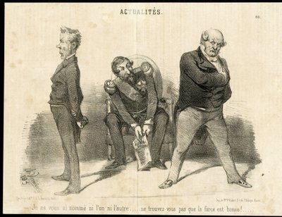 Ilustrace Charles Vernier (? -1887) v Le Charivari - prezident republiky, Ministere, Křeslo (symbol moci) - Napoleon III, Barrot Odilon (1791-1873), ministr, Faucher Leon (1803-1854) od Charles Vernier