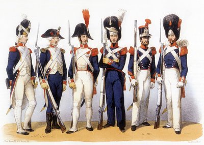 Ranskan armeijan univormut, kansalliskaarti (jalkaväki) 18-1800-luvulla, kaiverrus Charles Vernier (1831-1887) od Charles Vernier