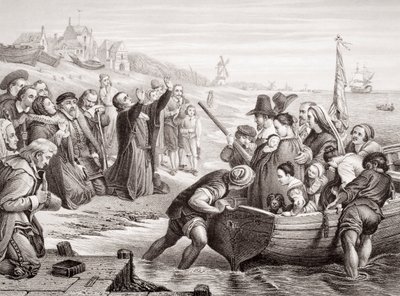 Odchod otců poutníků z Delft Haven v červenci 1620, z „Ilustrací anglické a skotské historie“ svazek I (rytina) od Charles West Cope
