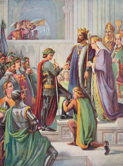Investitura Černého prince (1330-76) jako rytíře podvazku, ilustrace z „Hutchinsonova příběhu britského národa“ od Charles West Cope