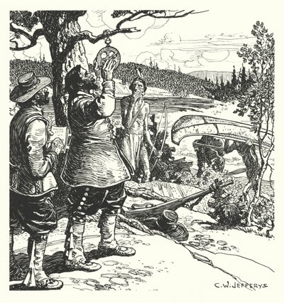 Champlain při pozorování astrolábem na řece Ottawě od Charles William (after) Jefferys