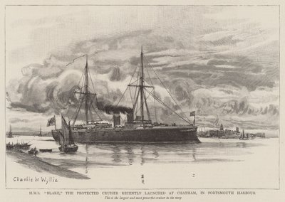 HMS Blake, chráněný křižník nedávno vypuštěný v Chathamu v přístavu Portsmouth od Charles William Wyllie