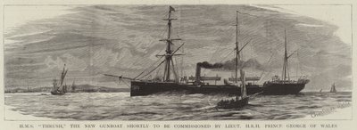 HMS Thrush, nový dělový člun, který bude brzy uveden do provozu poručíkem HRH princem Georgem z Walesu od Charles William Wyllie