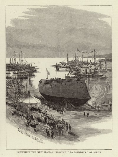 Zahájení provozu Nové italské Ironclad La Sardegna ve Spezii od Charles William Wyllie