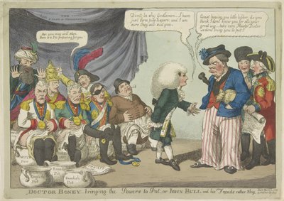 Dokter Napoleon zet de Europese vorsten op de pot, 1808 Doctor Boney – přináší síly do hrnce, nebo John Bull a jeho přátelé jsou poněkud stydliví (název na předmětu) od Charles Williams